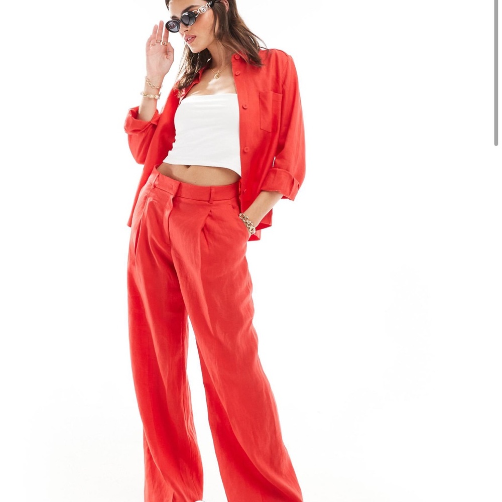 MANGO 100% Linen Red Pants